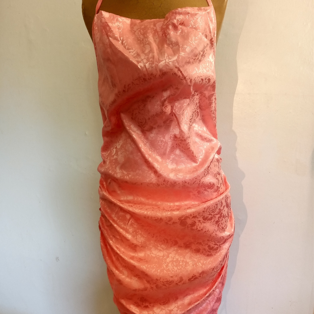 Satin Jacquard Spaghetti Strap Prom Dress in Coral Pink